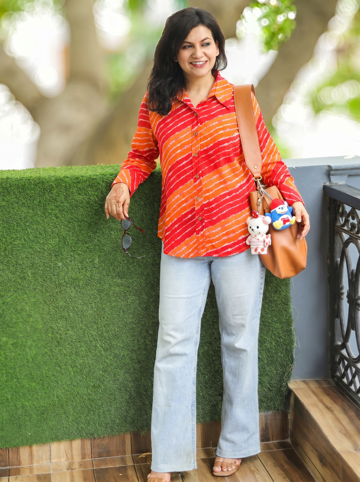 Leher Red Orange Leheriya Print Wood Button Cotton Shirt