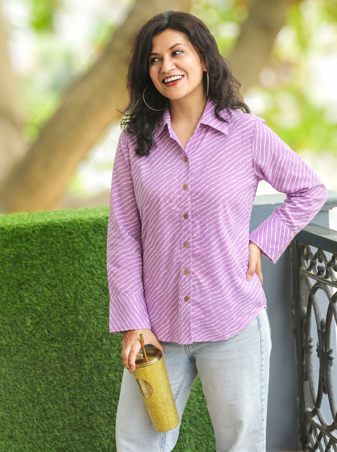 Leher Soft Lilac Leheriya Print Wood Button Cotton Shirt