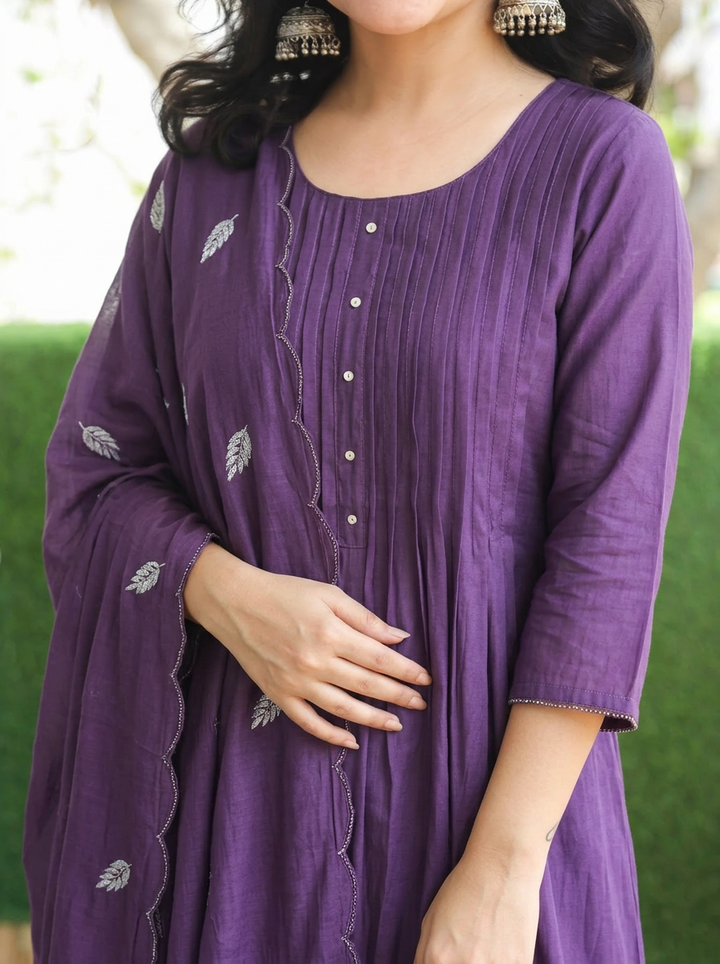 Surbhi Jamun Purple Embroidered Mul Chanderi 3 Piece Set
