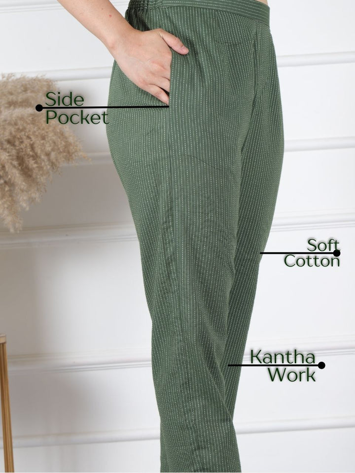 Forest Green Running Stitch Work Cotton Trouser