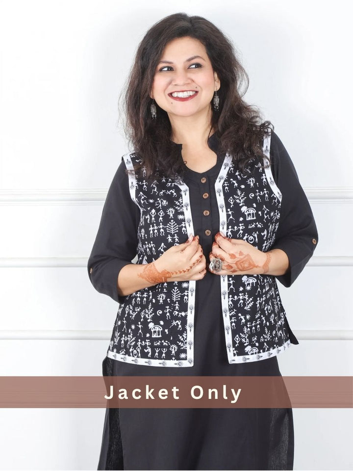 Sejal Oil Black in All Over Verli Printed Cotton Jacket with Pocket