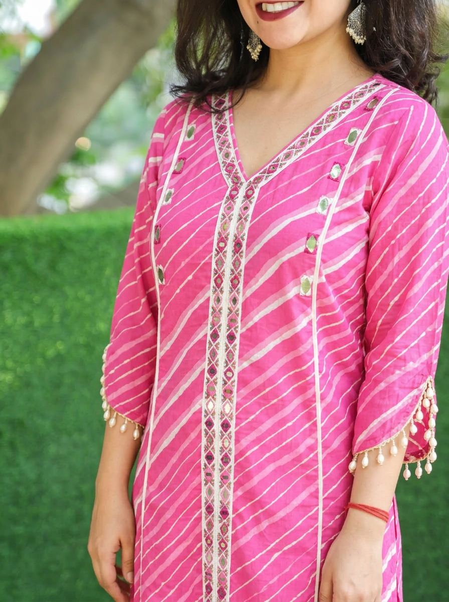 Leher Flamingo Pink Embroidered Lace Panel Leheriya Cotton Kurti