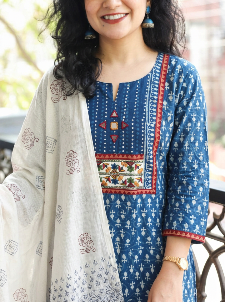 Rupali Indigo Blue Dabu Printed 3 Piece Set D2