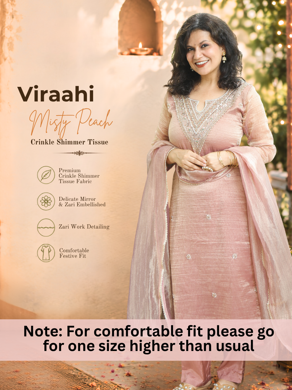Viraahi Misty Peach Embellished Crinkle Shimmer Tissue Set