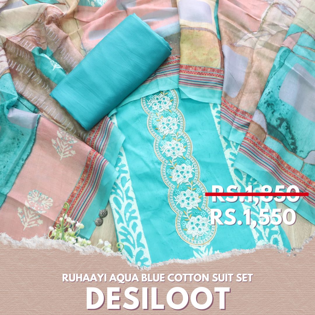 Ruhaayi Aqua Blue Patch Lace Neck Work Print Glazed Cotton Suit Set D2