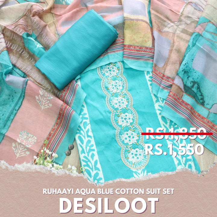 Ruhaayi Aqua Blue Patch Lace Neck Work Print Glazed Cotton Suit Set D2