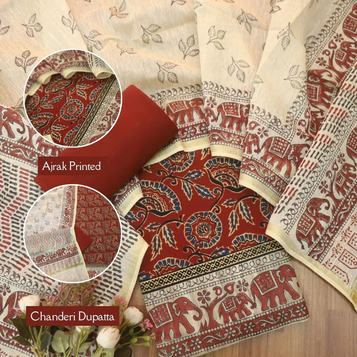 Rushna Maroon Red Ajrak Printed with Patch Lace On Hem Cotton Suit Set