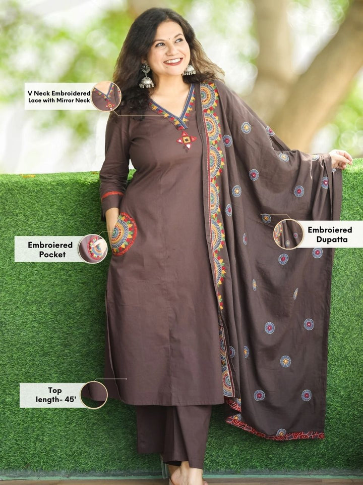 Kaveri Taupe Tan V Neck Mirror Work with Embroiered Pocket Cotton 3 Piece Set