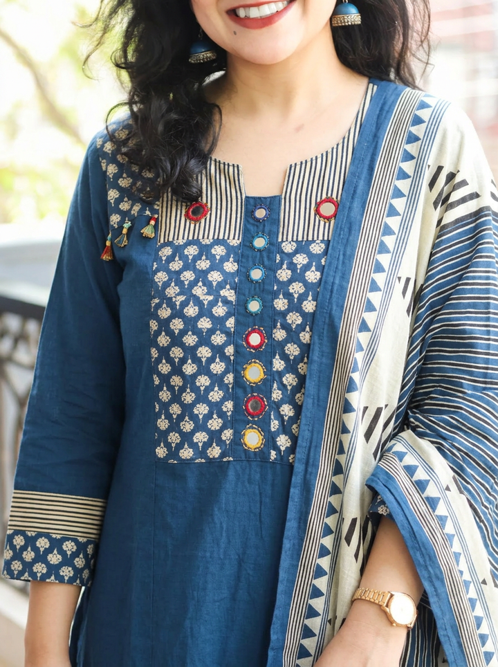 Jessica Sapphire Blue Mirror Yoke Cotton 3 Piece Set