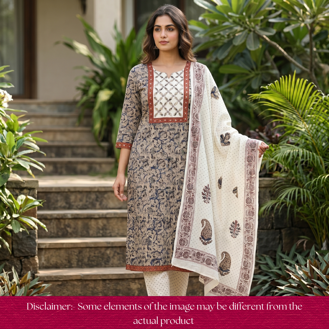 Khushi Black Kalamkari Printed Applique Yoke Cotton Set