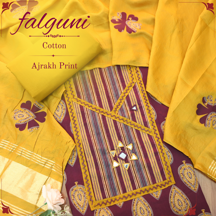 Falguni Wine Purple Angrakha Neck with Mirror Work Ajrakh Cotton Set