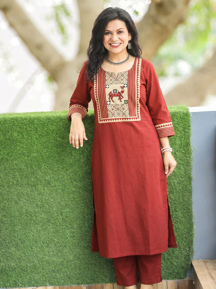 Megha Barn Maroon Mirror Work Camel Yoke Cotton Kurti