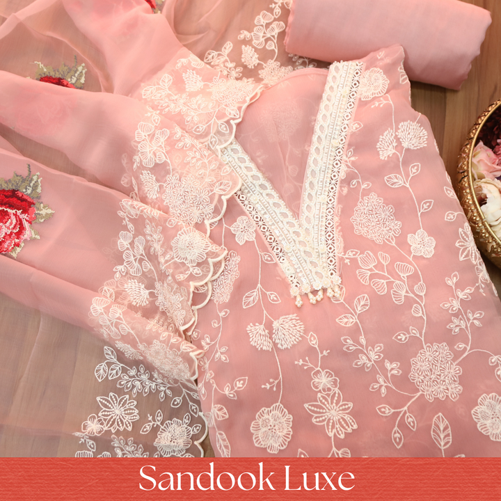 Julia Blush Peach Thread Embroidered with Kardana Chinon Set