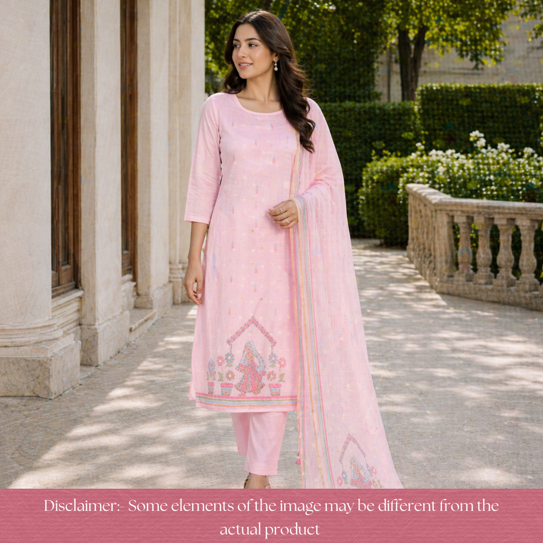 Arya Candy Pink Digital Print with French Knot Work Kota Doriya Set