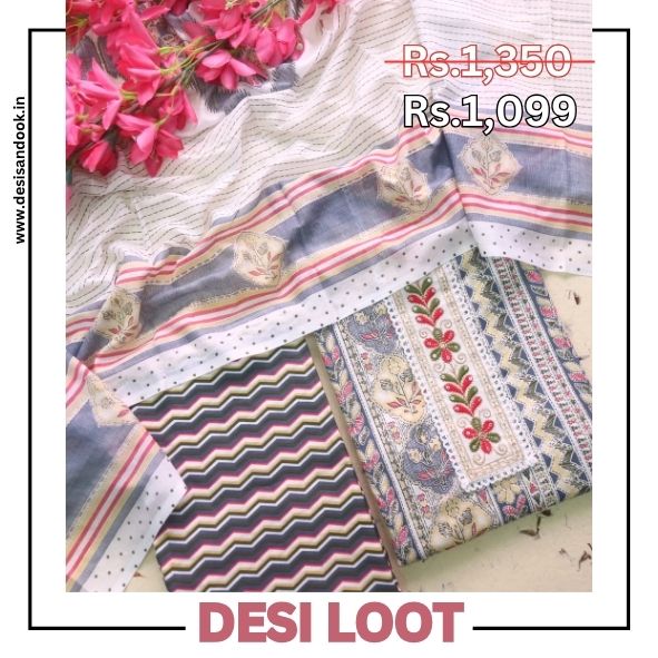Sunaina Slate Grey Embroidered Lace Neck Work Printed Cotton Suit Set