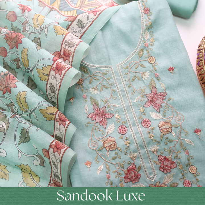 Maria Ocean Aqua Embroidery and Zari Mul Chanderi Set
