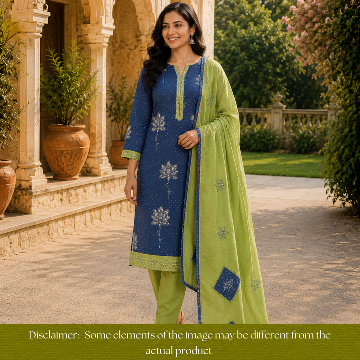 Saloni Cerulean Blue Ajrak Floral Print with Thread Hem Cotton Set