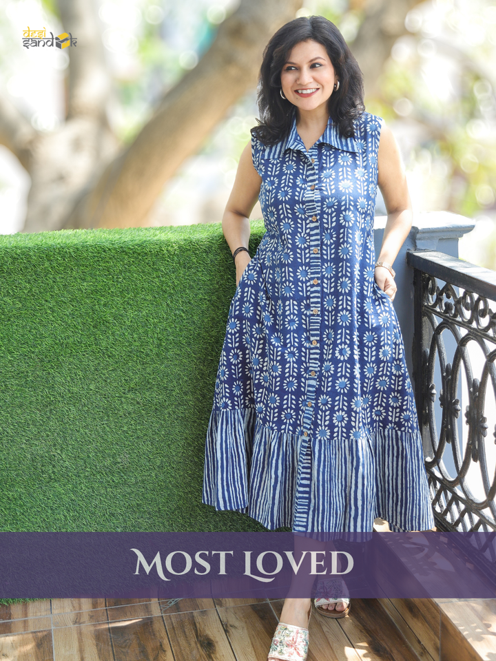 Joe Frill Indigo Blue Sleeveless Dabu Cotton Dress