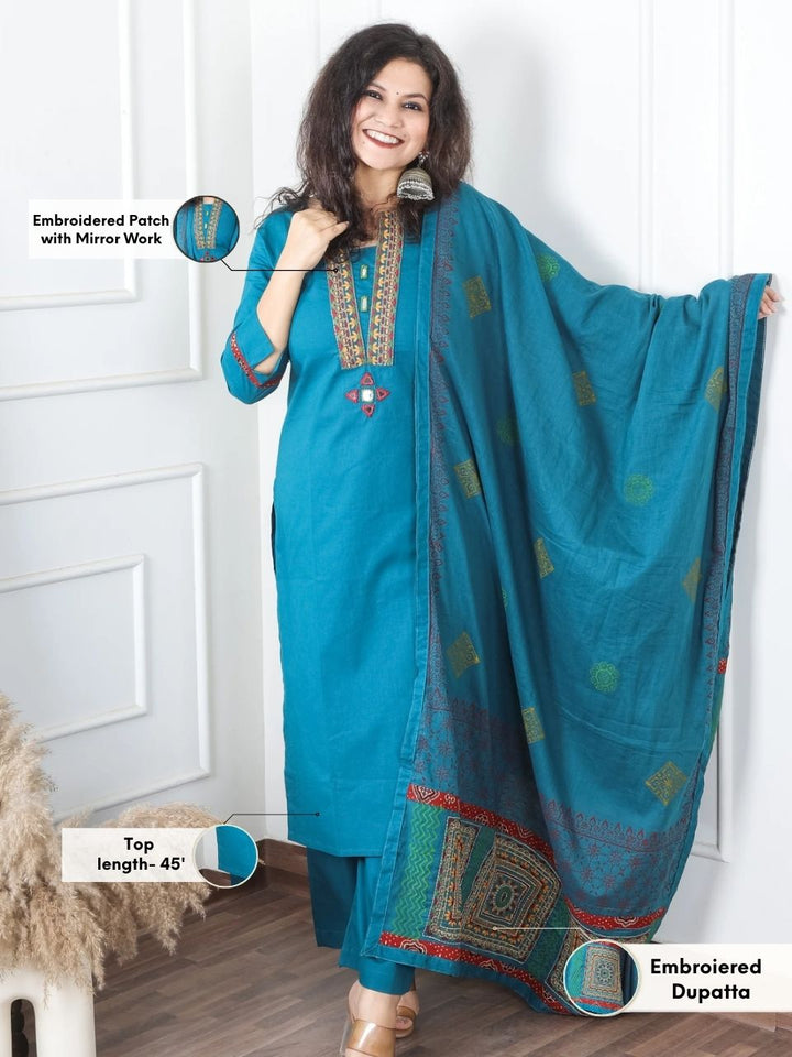 Satvi Dark Teal Blue Embroidered Patch with Mirror Work Cotton 3 Piece Set