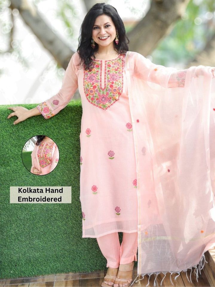 Jane Peach Kolkata Hand Embroidery Kota Doriya Set
