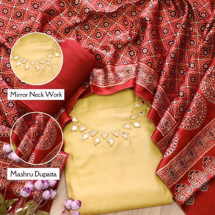 Ishaani Butter Yellow Mirror Neck Work Modal Suit Set with Mashru Dupatta