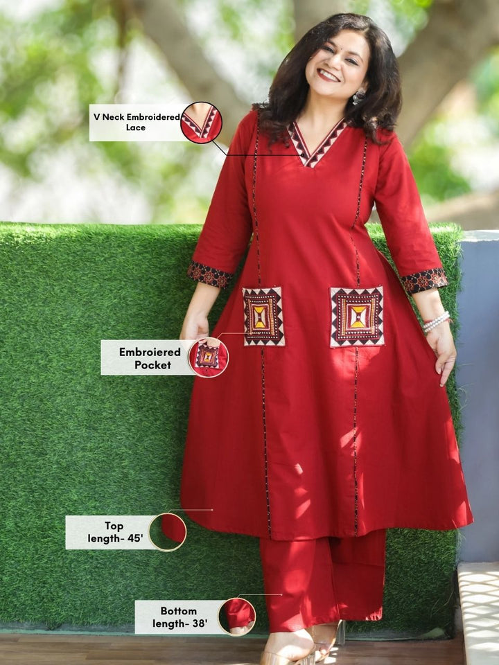 Saiyara Cherry Red V Neck Lace Work with Embroiered Pocket Cotton 2 Piece Set