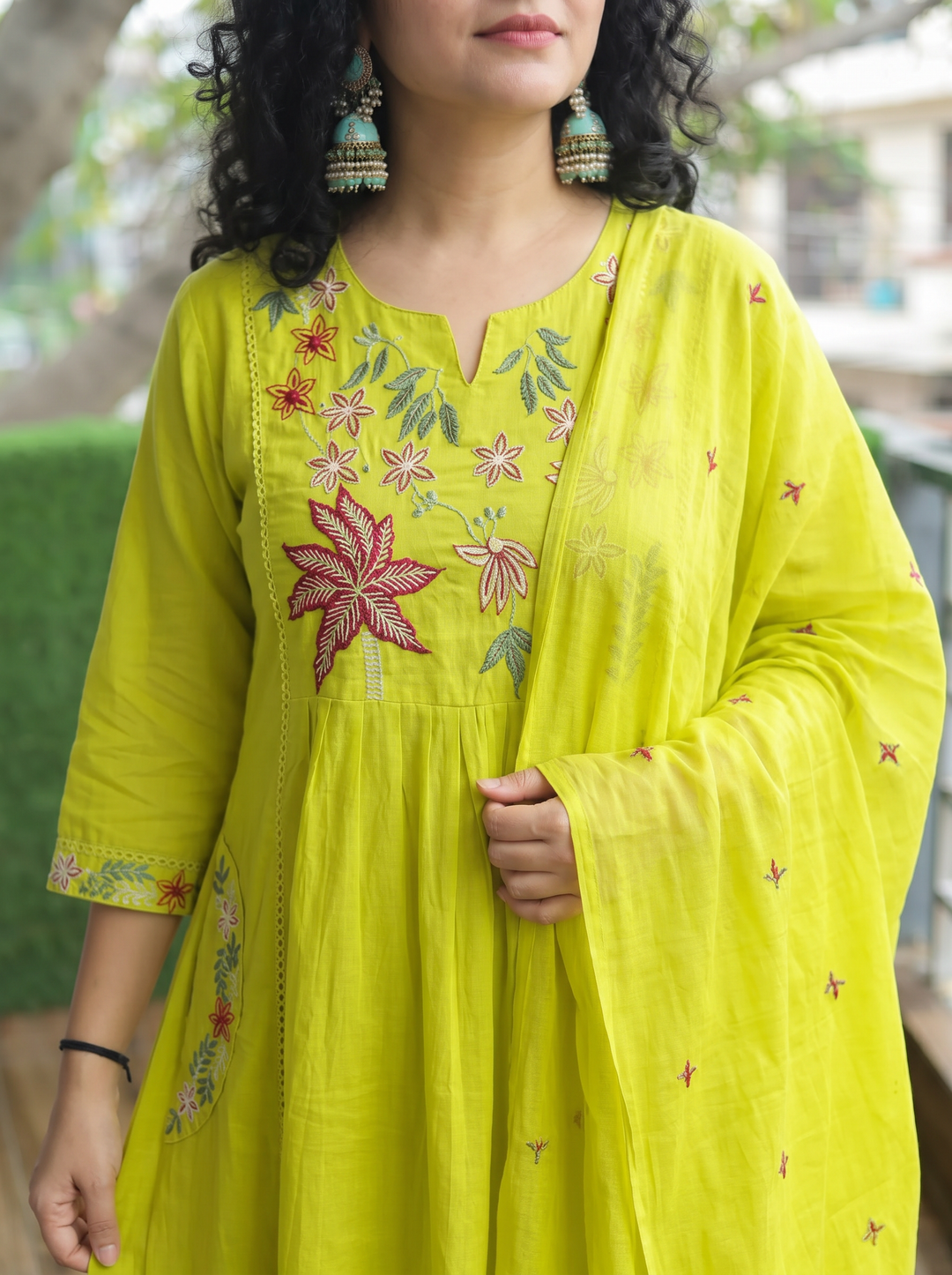 Shiwangi Neon Green Blue Embroidered Mul Cotton 3 Piece Set