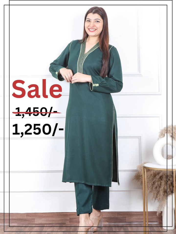 Bloosom Sac.Green Running Thread Neck Work Semi Pashmina Winter Kurti