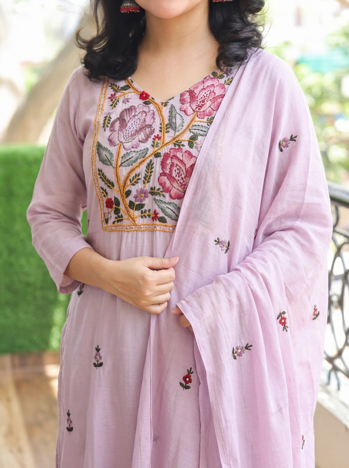 Navira Soft Lilac Kolkata Hand Embroidered 3 Piece Set