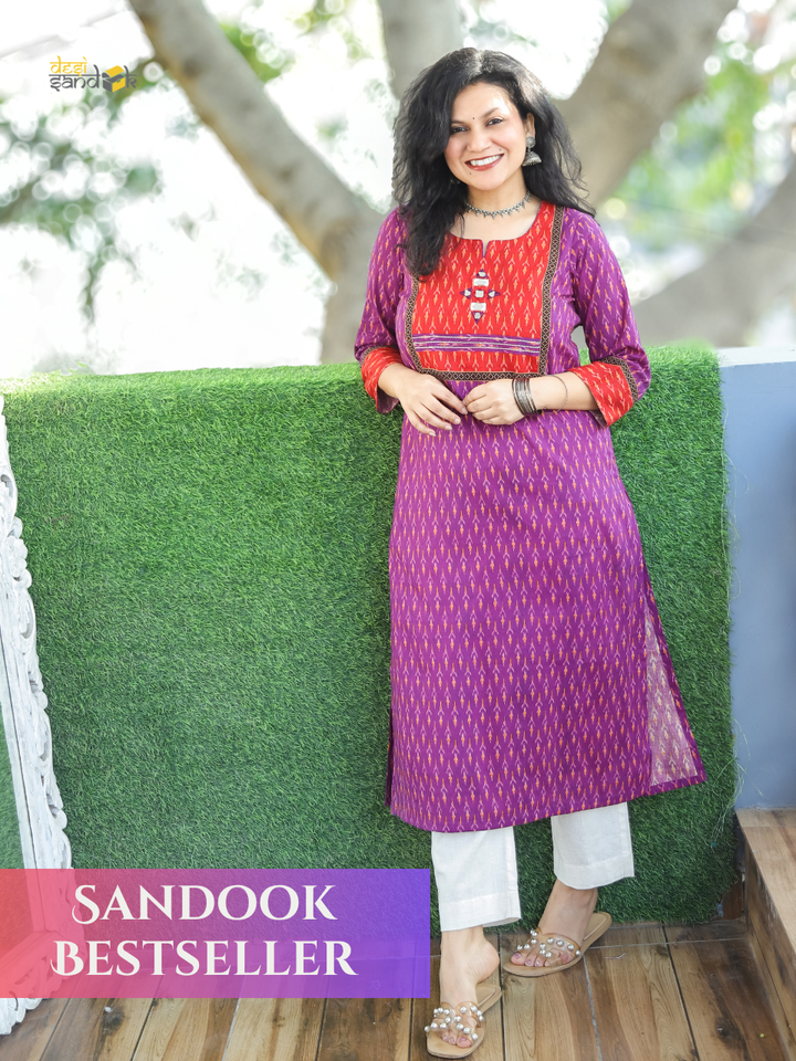 Kesariya Purple with Red Yoke Thread with Mirror Work Ikkat Printed Cotton Kurti D2