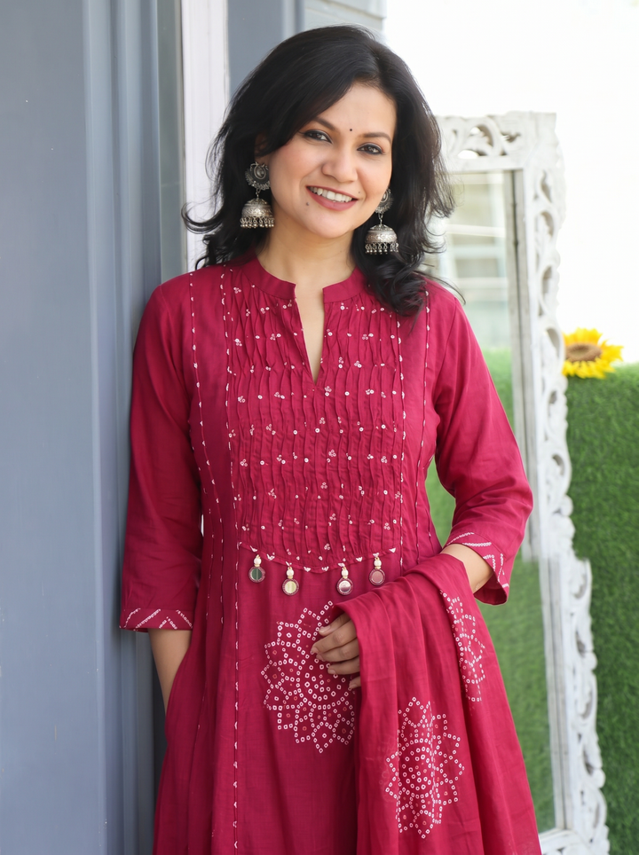 Tanishka Maroon Wine Pintuck Bandani Cotton 3 Piece Set