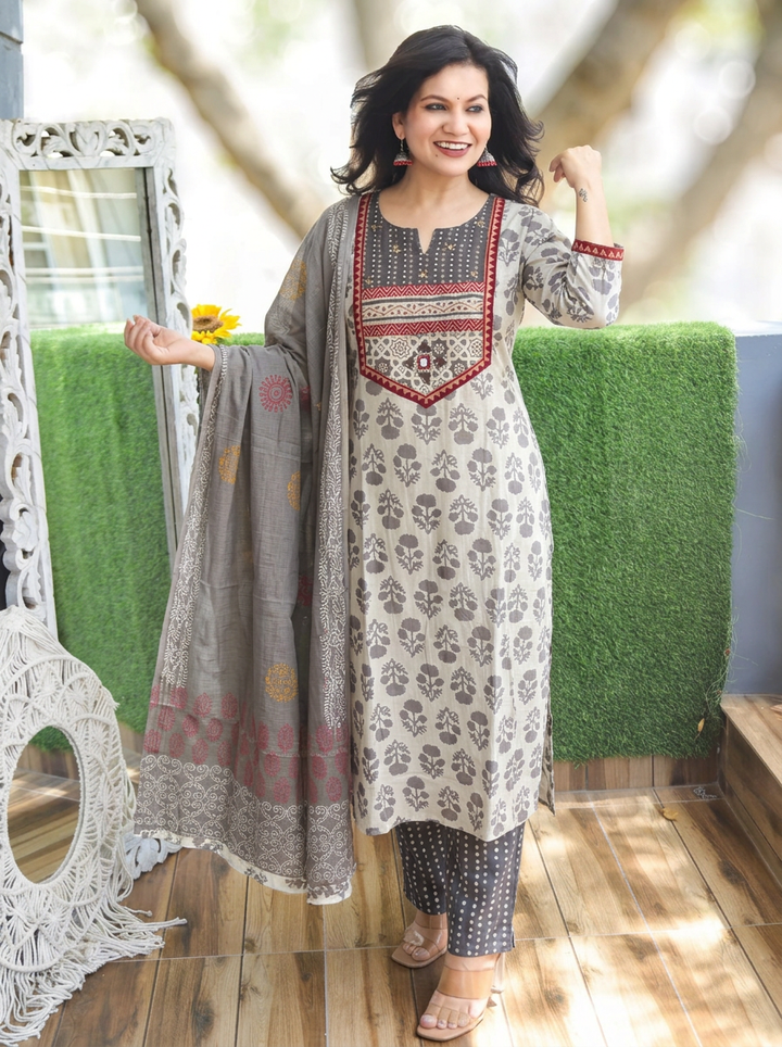 Muskaan Beige Latte Dabu Printed 3 Piece Set