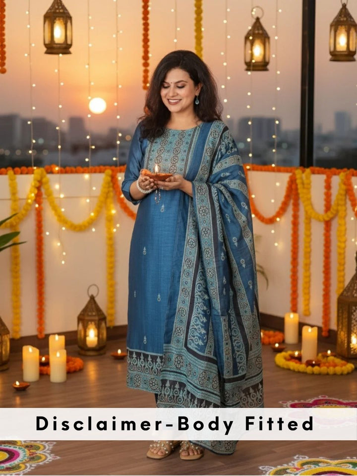 Mivaan Cerulean Blue All Over Digital Printed with Kantha Work Chanderi 3 Piece Set