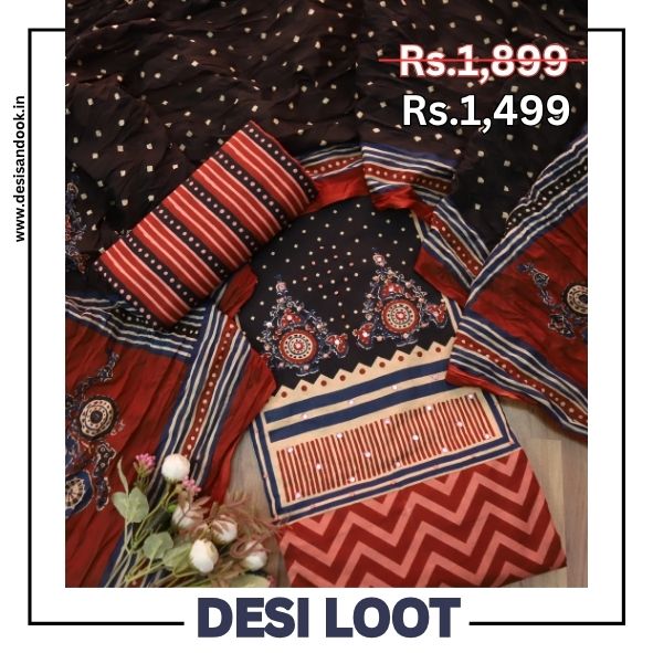 Rivaya Cherry Red French Knot Ajrak Print in Leheriya Printed Cotton Suit Set