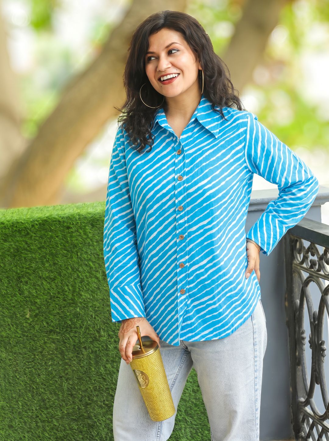 Leher Sky Blue Leheriya Print Wood Button Cotton Shirt