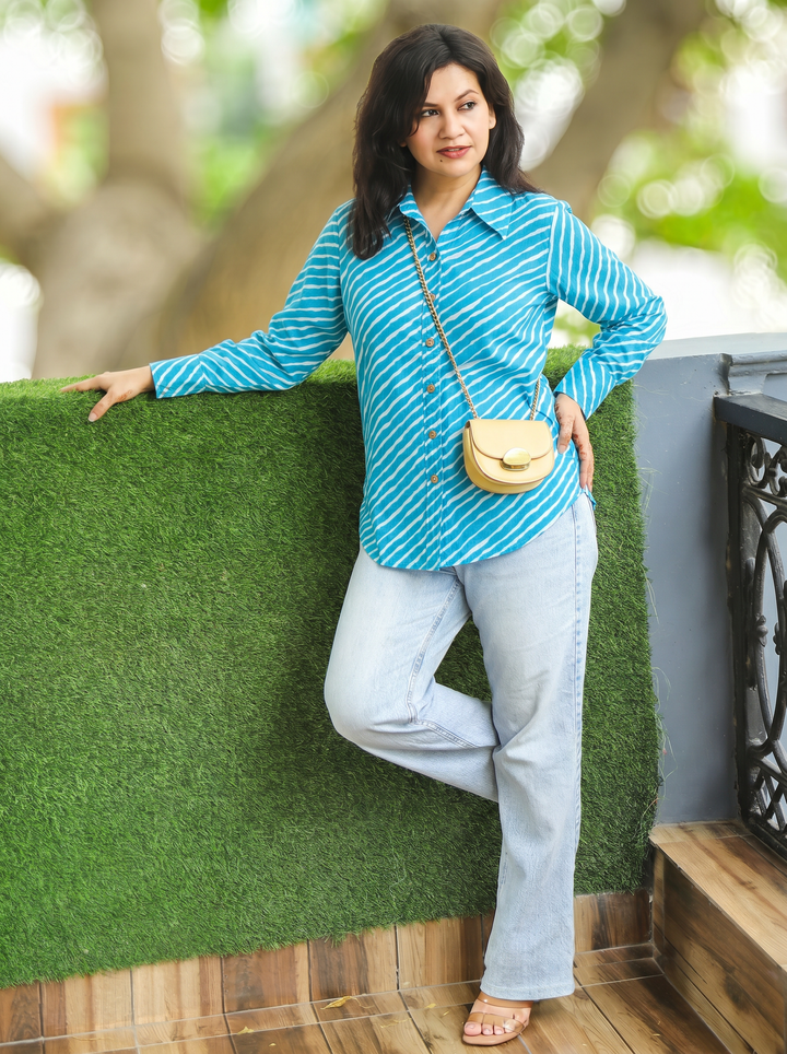 Leher Sky Blue Leheriya Print Wood Button Cotton Shirt
