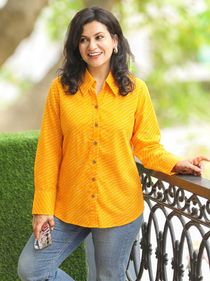 Leher Yellow Leheriya Print Wood Button Cotton Shirt