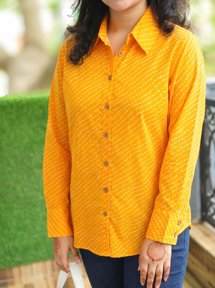 Leher Yellow Leheriya Print Wood Button Cotton Shirt
