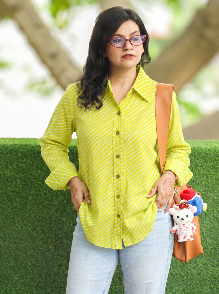 Leher Neon Mint Leheriya Print Wood Button Cotton Shirt
