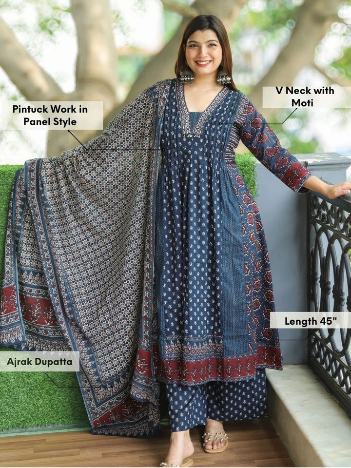 Gamini Navy Blue V Neck Moti and PIntuck Work in Panel Style Printed Cotton 3 Piece Set