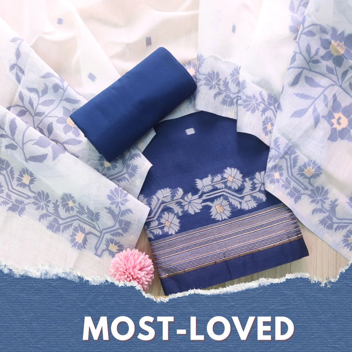 Jannat Royal Blue Floral Authentic Jamdani Top and Dupatta Suit Set