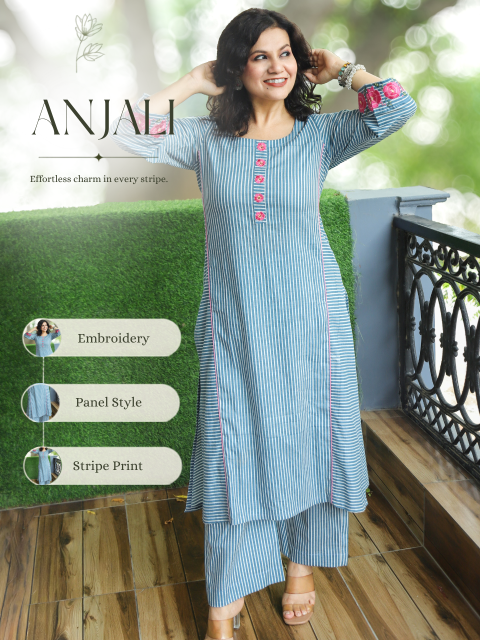 Anjani Faded Sky Blue Stripe Print Panel 2 Piece Set