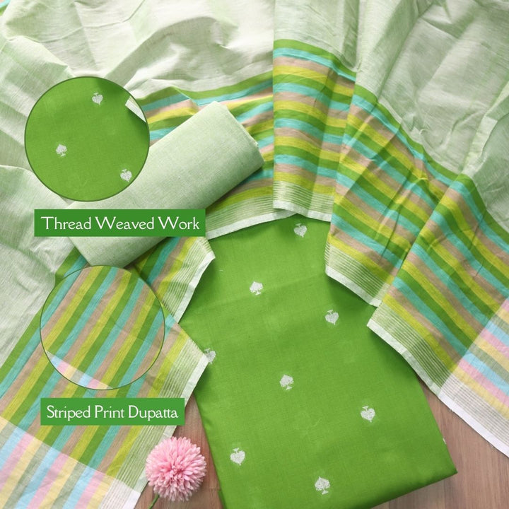 Pankudi Parrot Green All Over Thread Weaved Work Cotton Suit Set