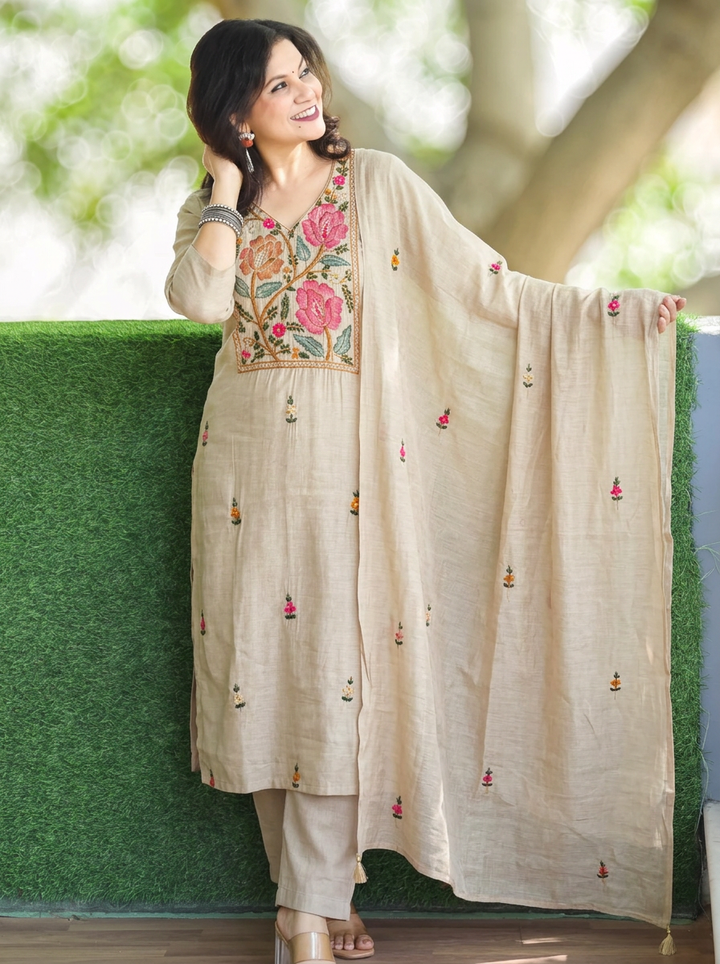 Navira Champane Beige Kolkata Hand Embroidered 3 Piece Set