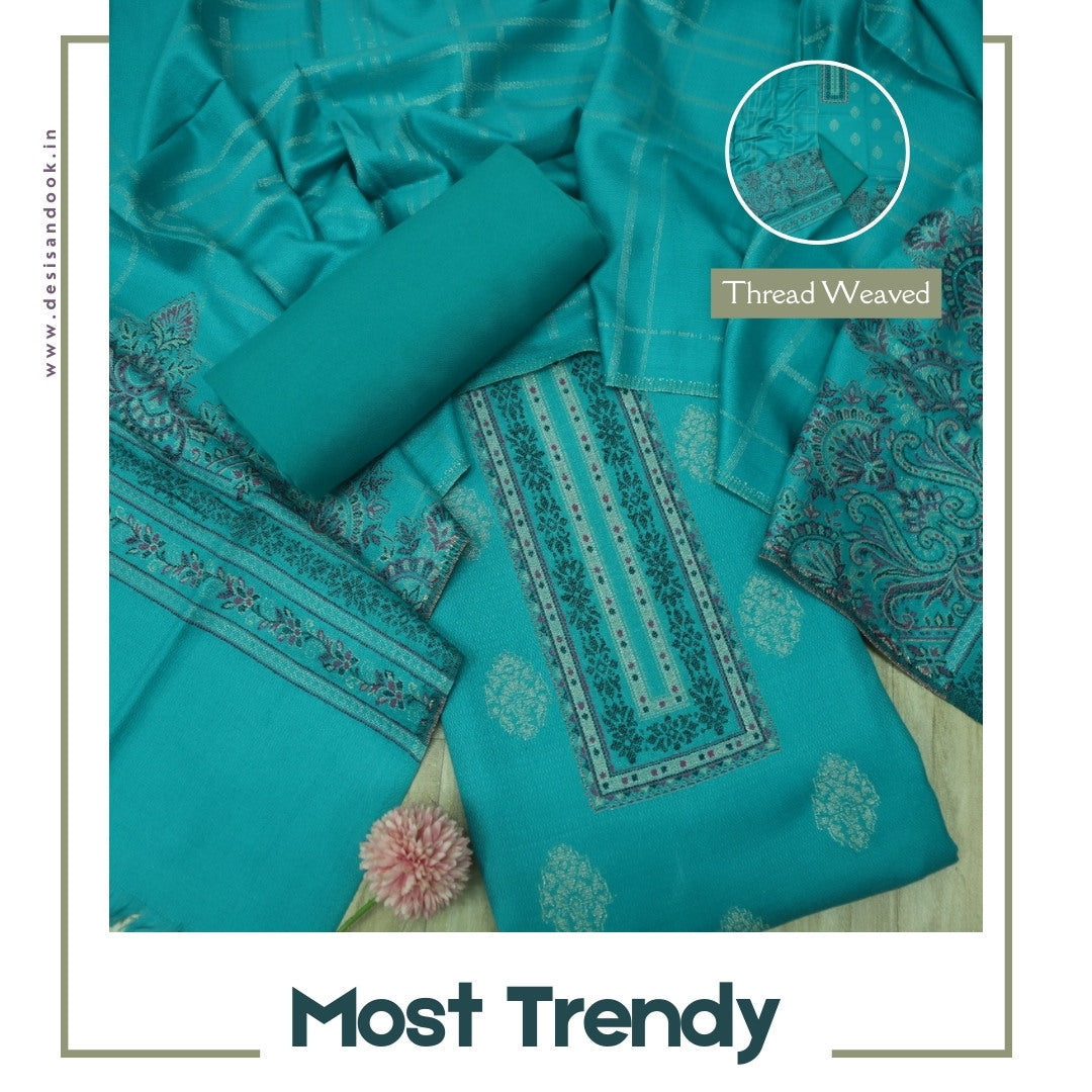 गुलबंद Teal blue Thread Weaved Neck Semi Pashmina Winter Suit Set