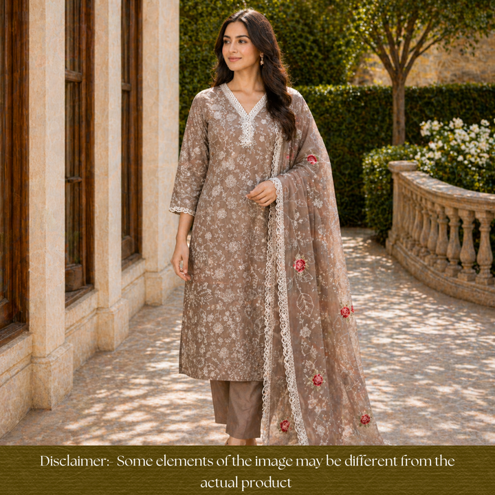 Julia Coca Brown Thread Embroidered with Kardana Chinon Set