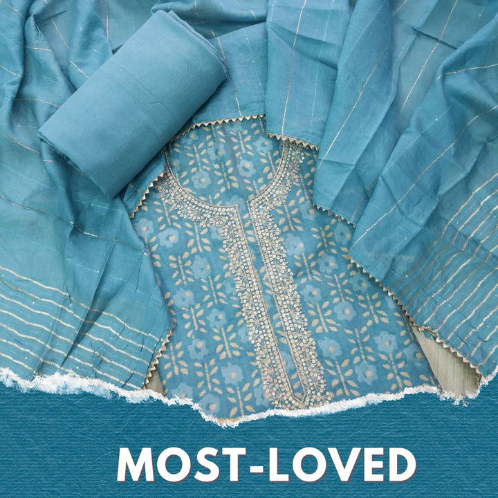 Rahi Saaphire Blue Embellished Zari Work Printed Modal Suit Set