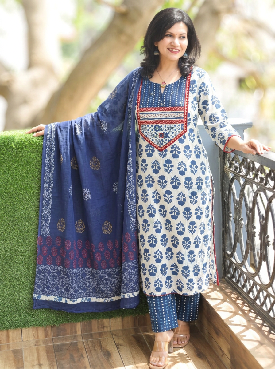 Muskaan Iced Indie Blue Dabu Printed 3 Piece Set