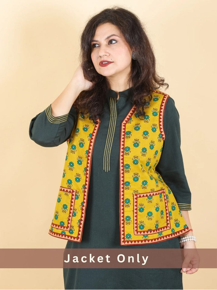 Sejal Dijon Yellow In All Over Ajrak Inspired Printed Cotton Jacket with Pocket