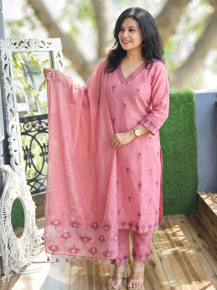 Roohi Pink Floral Jamdani Weaved 3 PIece Set